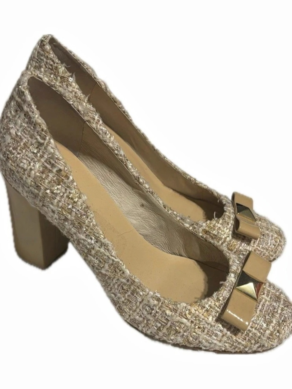 kate spade new york Tweed Block Heel Pumps in Beige & Gold